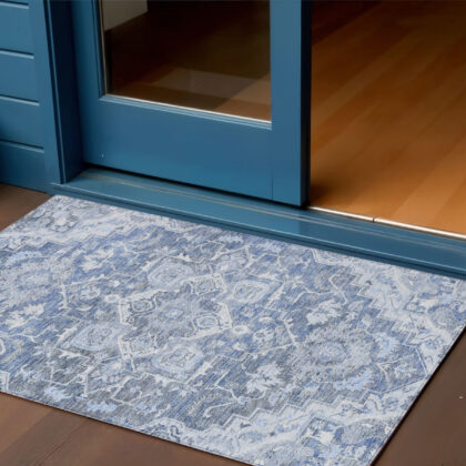 3' X 5' Denim Blue And Sky Blue Oriental Washable Indoor Outdoor Area Rug