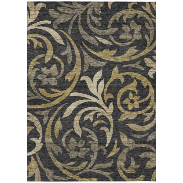 10' X 14' Black Taupe And Gold Floral Washable Indoor Outdoor Area Rug