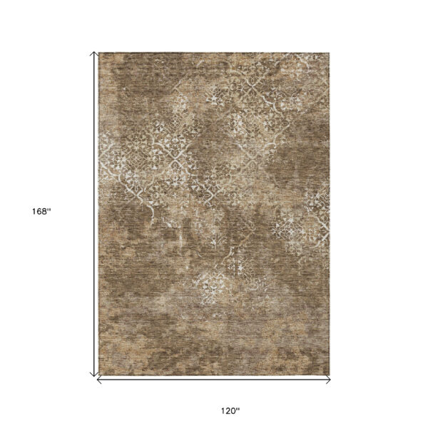 10' X 14' Brown Taupe And Ivory Floral Washable Indoor Outdoor Area Rug