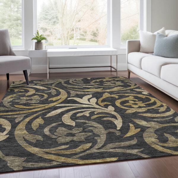 10' X 14' Black Taupe And Gold Floral Washable Indoor Outdoor Area Rug