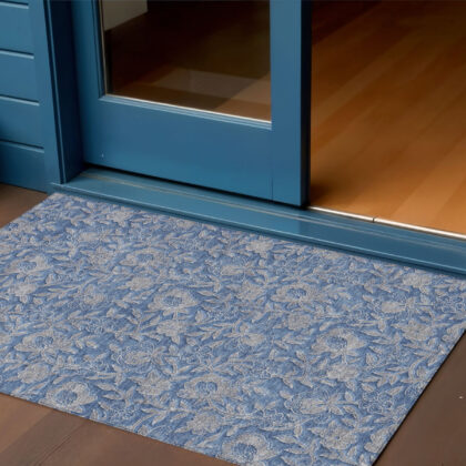 3' X 5' Denim Blue And Taupe Floral Washable Indoor Outdoor Area Rug