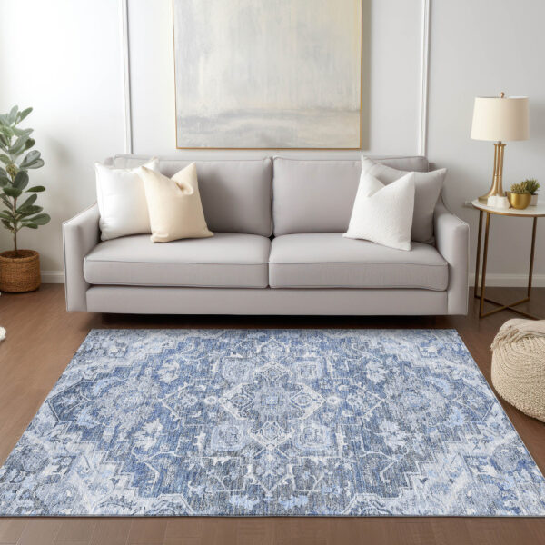 3' X 5' Denim Blue And Sky Blue Oriental Washable Indoor Outdoor Area Rug