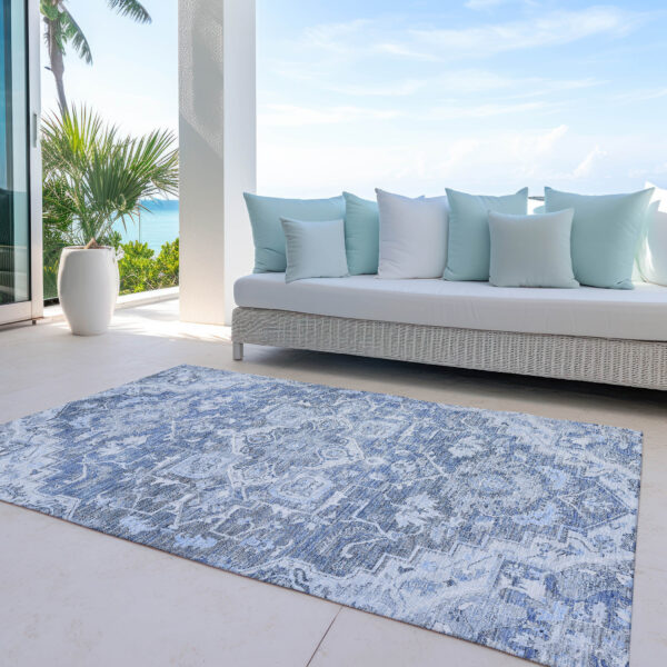 3' X 5' Denim Blue And Sky Blue Oriental Washable Indoor Outdoor Area Rug