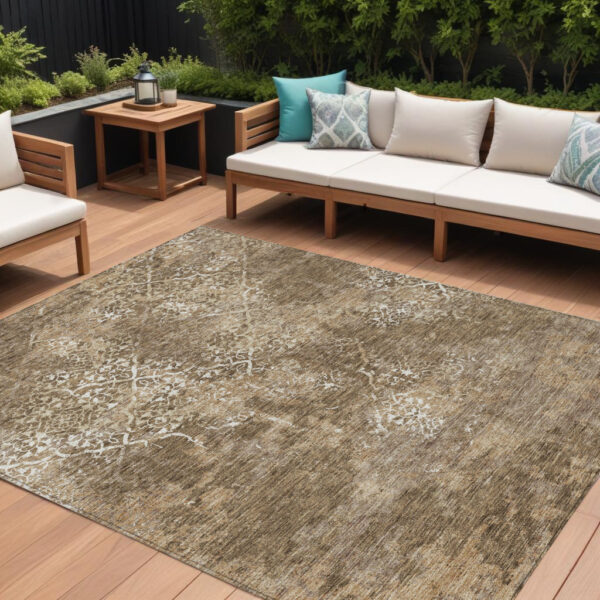 10' X 14' Brown Taupe And Ivory Floral Washable Indoor Outdoor Area Rug