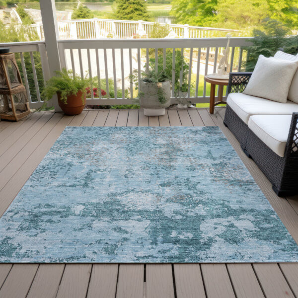 5' X 8' Teal Blue Aqua And Gray Floral Washable Indoor Outdoor Area Rug