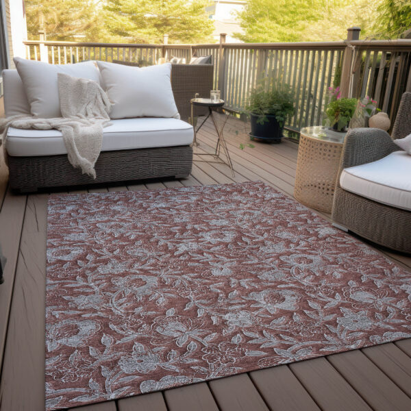 9' X 12' Orange Gray And Silver Floral Washable Indoor Outdoor Area Rug