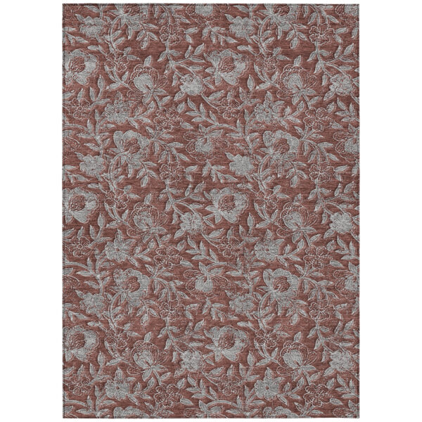9' X 12' Orange Gray And Silver Floral Washable Indoor Outdoor Area Rug