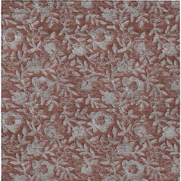 9' X 12' Orange Gray And Silver Floral Washable Indoor Outdoor Area Rug