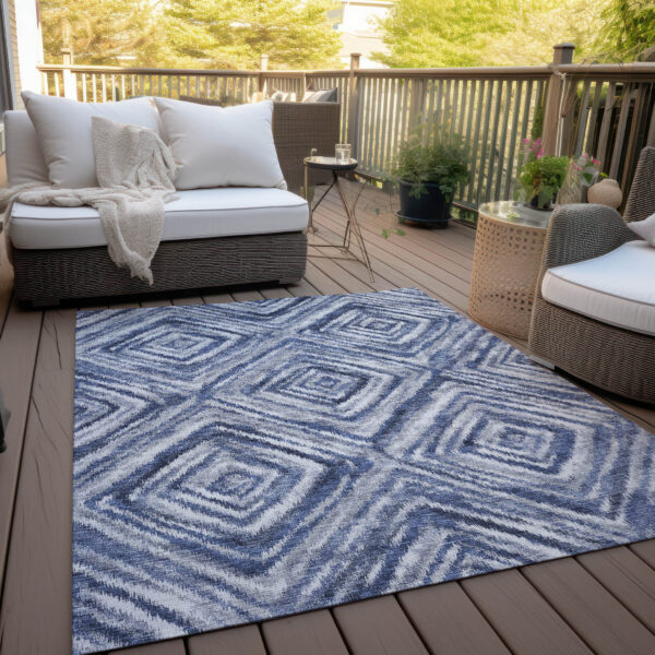 10' X 14' Navy Blue And Sky Blue Geometric Washable Indoor Outdoor Area Rug