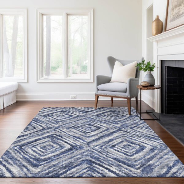 10' X 14' Navy Blue And Sky Blue Geometric Washable Indoor Outdoor Area Rug