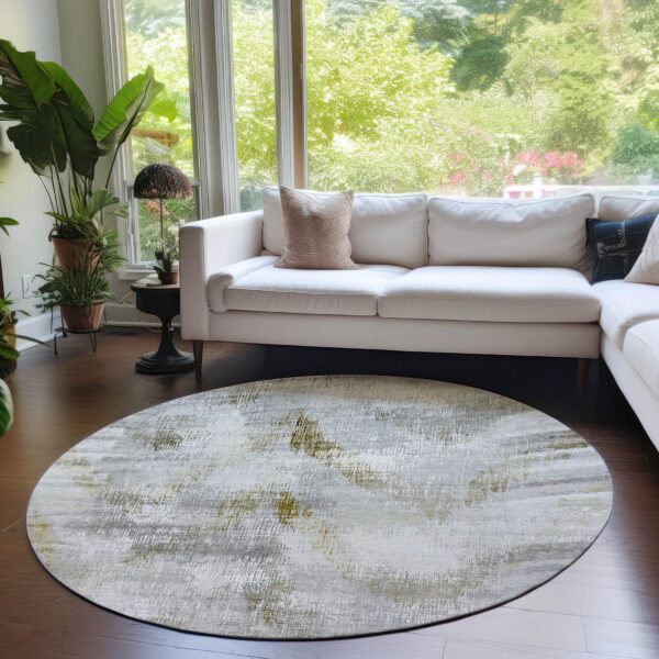 8' Taupe Gray And Brown Round Abstract Washable Indoor Outdoor Area Rug
