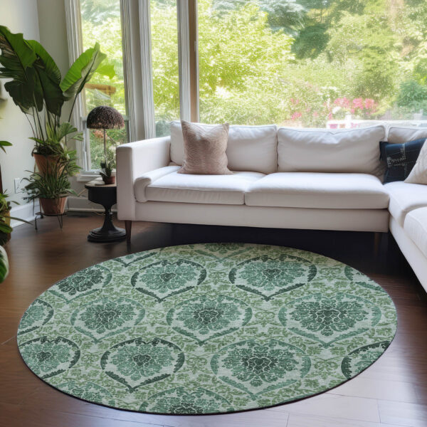 8' Fern Green And Emerald Round Medallion Washable Indoor Outdoor Area Rug