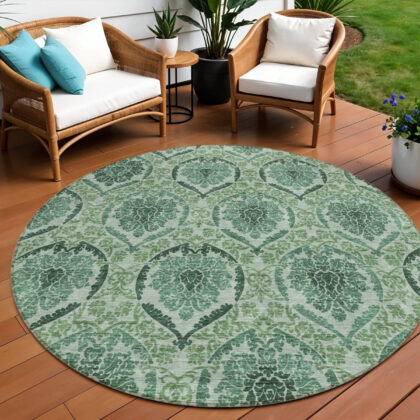 8' Fern Green And Emerald Round Medallion Washable Indoor Outdoor Area Rug
