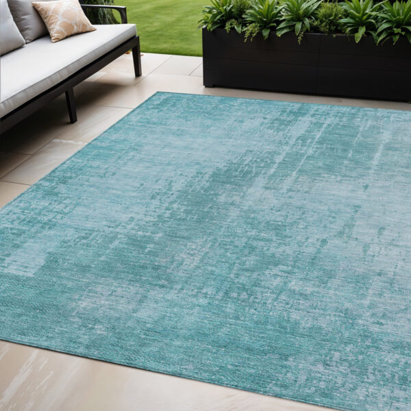 5' X 8' Aqua Teal Blue And Gray Abstract Washable Indoor Outdoor Area Rug