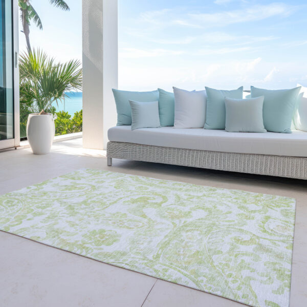 9' X 12' Sage Green And Ivory Paisley Washable Indoor Outdoor Area Rug