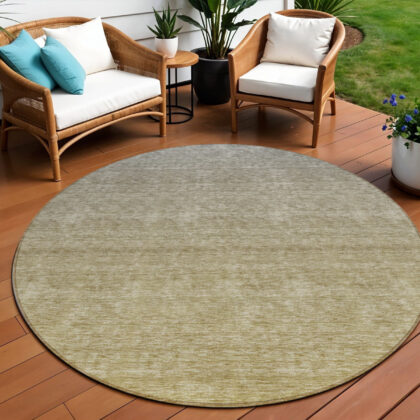 8' Gold Beige And Taupe Round Ombre Washable Indoor Outdoor Area Rug