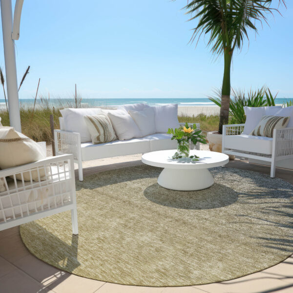 8' Gold Beige And Taupe Round Ombre Washable Indoor Outdoor Area Rug