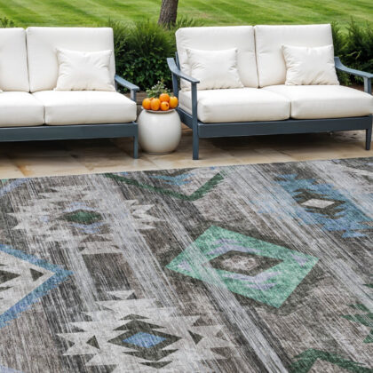 10' X 14' Brown Beige And Blue Southwestern Washable Indoor Outdoor Area Rug