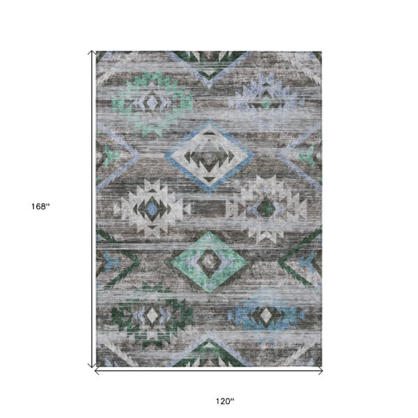 10' X 14' Brown Beige And Blue Southwestern Washable Indoor Outdoor Area Rug