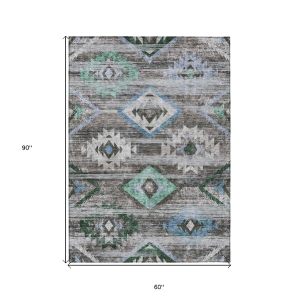 5' X 8' Brown Beige And Blue Southwestern Washable Indoor Outdoor Area Rug