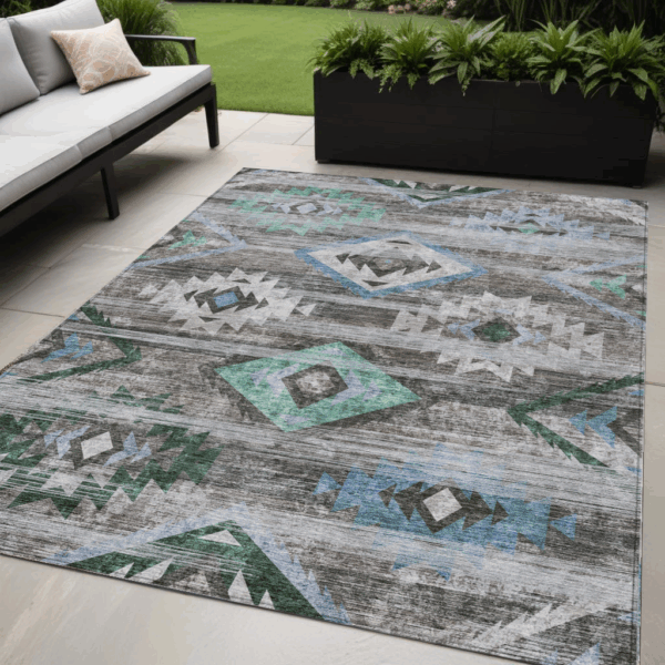 5' X 8' Brown Beige And Blue Southwestern Washable Indoor Outdoor Area Rug
