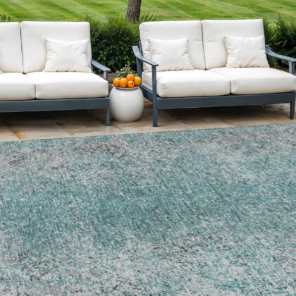 8' X 10' Teal Blue Gray And Charcoal Oriental Washable Indoor Outdoor Area Rug