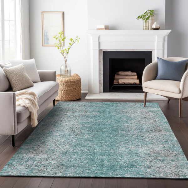 8' X 10' Teal Blue Gray And Charcoal Oriental Washable Indoor Outdoor Area Rug