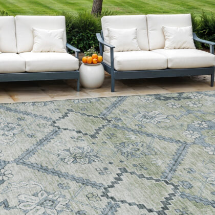 10' X 14' Artichoke Green Denim Blue And Silver Floral Washable Indoor Outdoor Area Rug