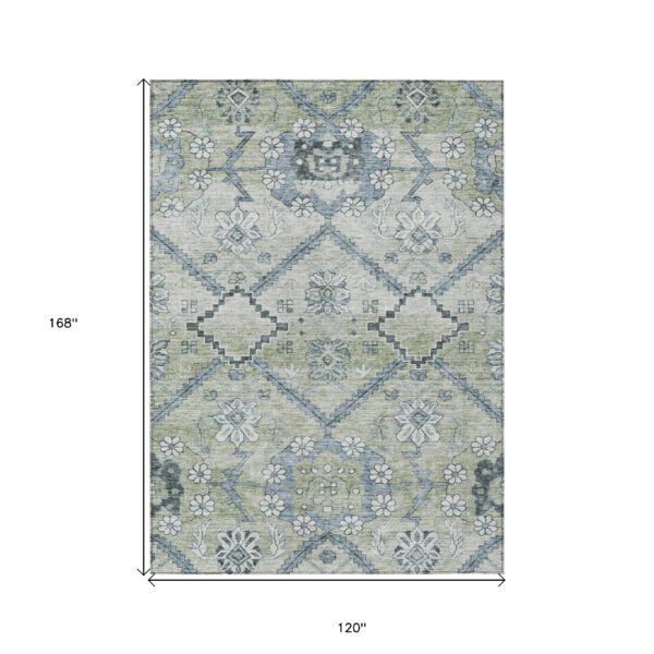 10' X 14' Artichoke Green Denim Blue And Silver Floral Washable Indoor Outdoor Area Rug