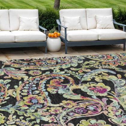 8' X 10' Black And Artichoke Green Paisley Washable Indoor Outdoor Area Rug