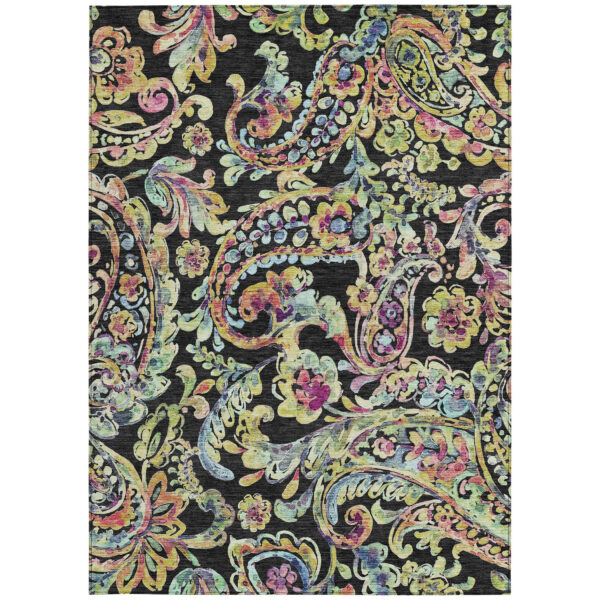 8' X 10' Black And Artichoke Green Paisley Washable Indoor Outdoor Area Rug