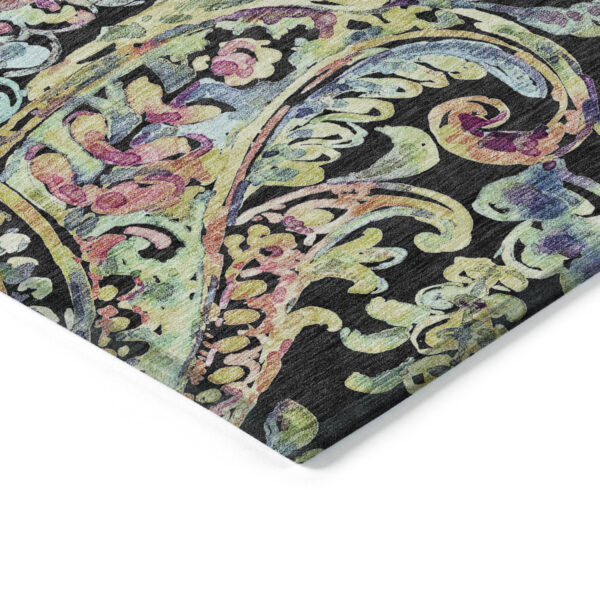 8' X 10' Black And Artichoke Green Paisley Washable Indoor Outdoor Area Rug
