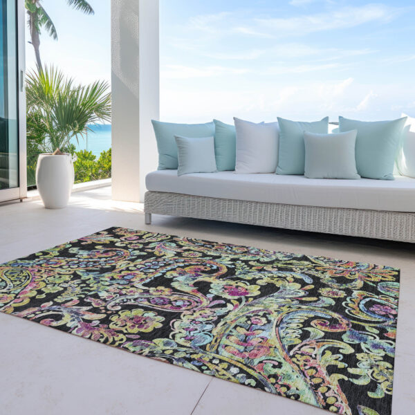 8' X 10' Black And Artichoke Green Paisley Washable Indoor Outdoor Area Rug