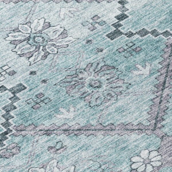 8' Teal Blue Aqua And Gray Round Floral Washable Indoor Outdoor Area Rug