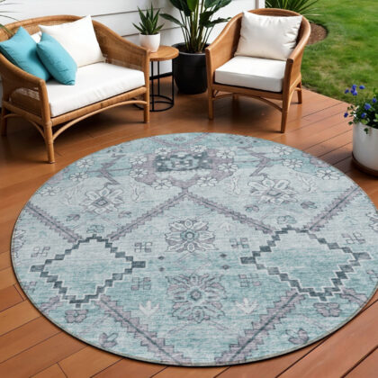 8' Teal Blue Aqua And Gray Round Floral Washable Indoor Outdoor Area Rug