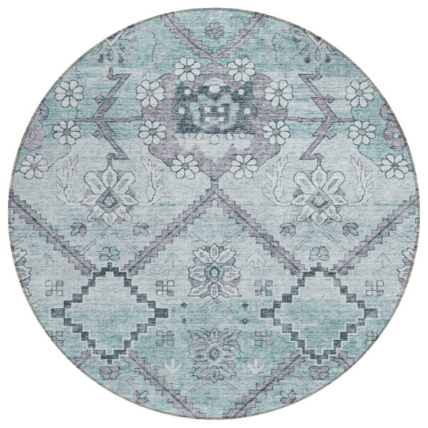 8' Teal Blue Aqua And Gray Round Floral Washable Indoor Outdoor Area Rug
