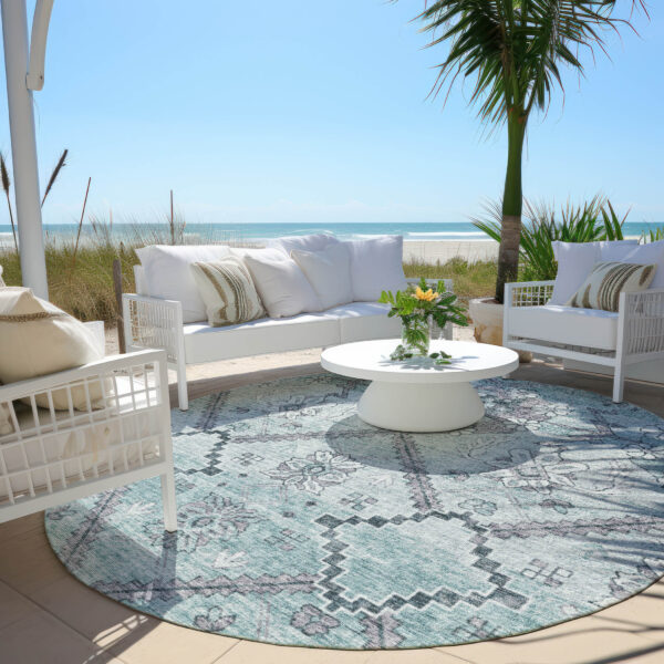 8' Teal Blue Aqua And Gray Round Floral Washable Indoor Outdoor Area Rug