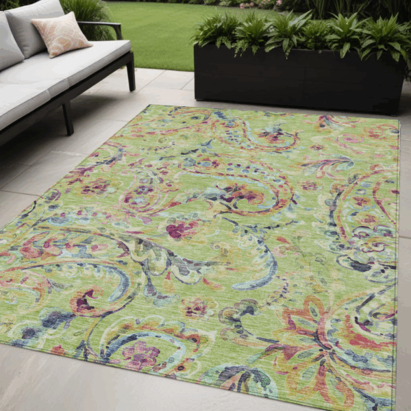 5' X 8' Artichoke Green Green And Pink Paisley Washable Indoor Outdoor Area Rug