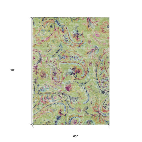 5' X 8' Artichoke Green Green And Pink Paisley Washable Indoor Outdoor Area Rug