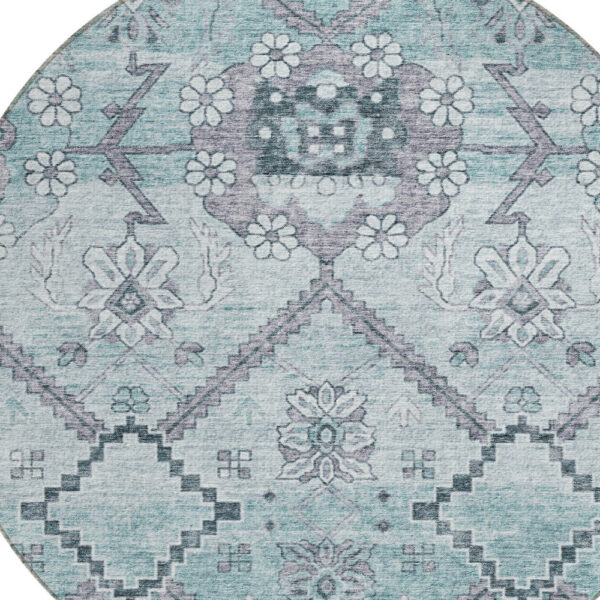 8' Teal Blue Aqua And Gray Round Floral Washable Indoor Outdoor Area Rug