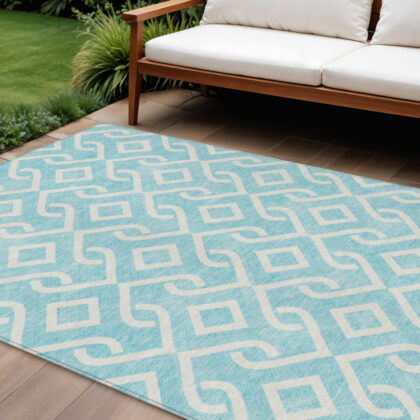 9' X 12' Aqua And Ivory Geometric Washable Indoor Outdoor Area Rug