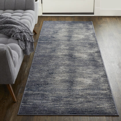 8' Blue Gray And Ivory Striped Power Loom Distressed Runner Rug