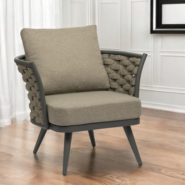 32" Taupe And Gray Woven Fabric And Aluminum Outdoor Accent Chair