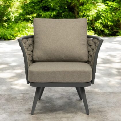 32" Taupe And Gray Woven Fabric And Aluminum Outdoor Accent Chair
