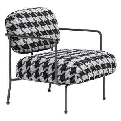 29" Black And White And Black Upholstered Houndstooth Arm Chair