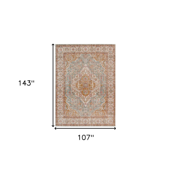 9' x 12' Blue and Orange Oriental Power Loom Distressed Area Rug