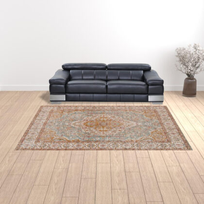 9' x 12' Blue and Orange Oriental Power Loom Distressed Area Rug