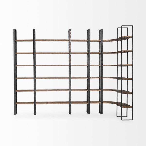Brown Iron and Solid Wood Six Tier Bookcase