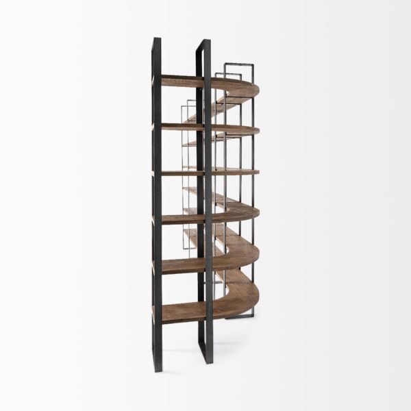 Brown Iron and Solid Wood Six Tier Bookcase