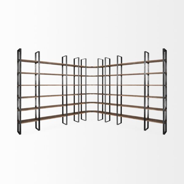 Brown Iron and Solid Wood Six Tier Bookcase